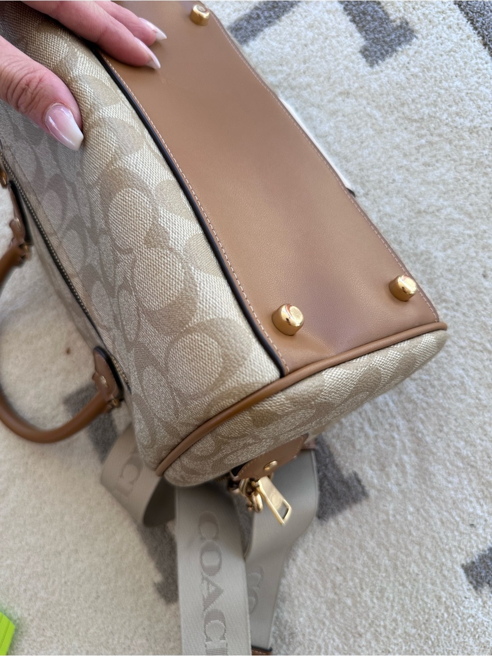 Coach Beige and Ivory Signature Barrel Satchel with Detachable Strap - Picture 12 of 14